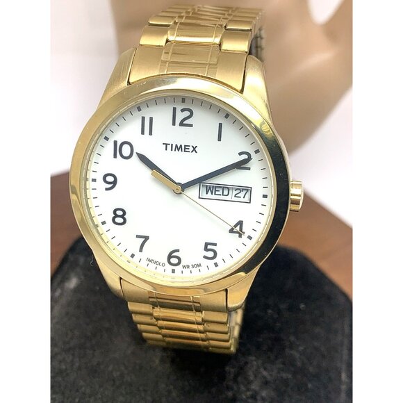 Timex Men's Watch T2N064 Quartz White Dial Day Date Indiglo Gold Expansion Band - Picture 1 of 15